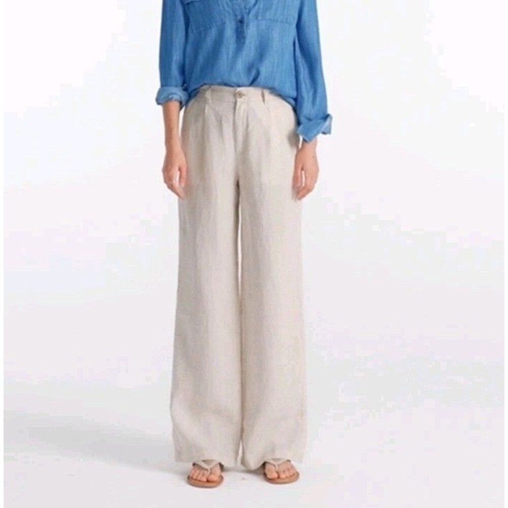 Lands End 100% Linen Pants 16 Off White Beige High waisted Wide Leg summer xl